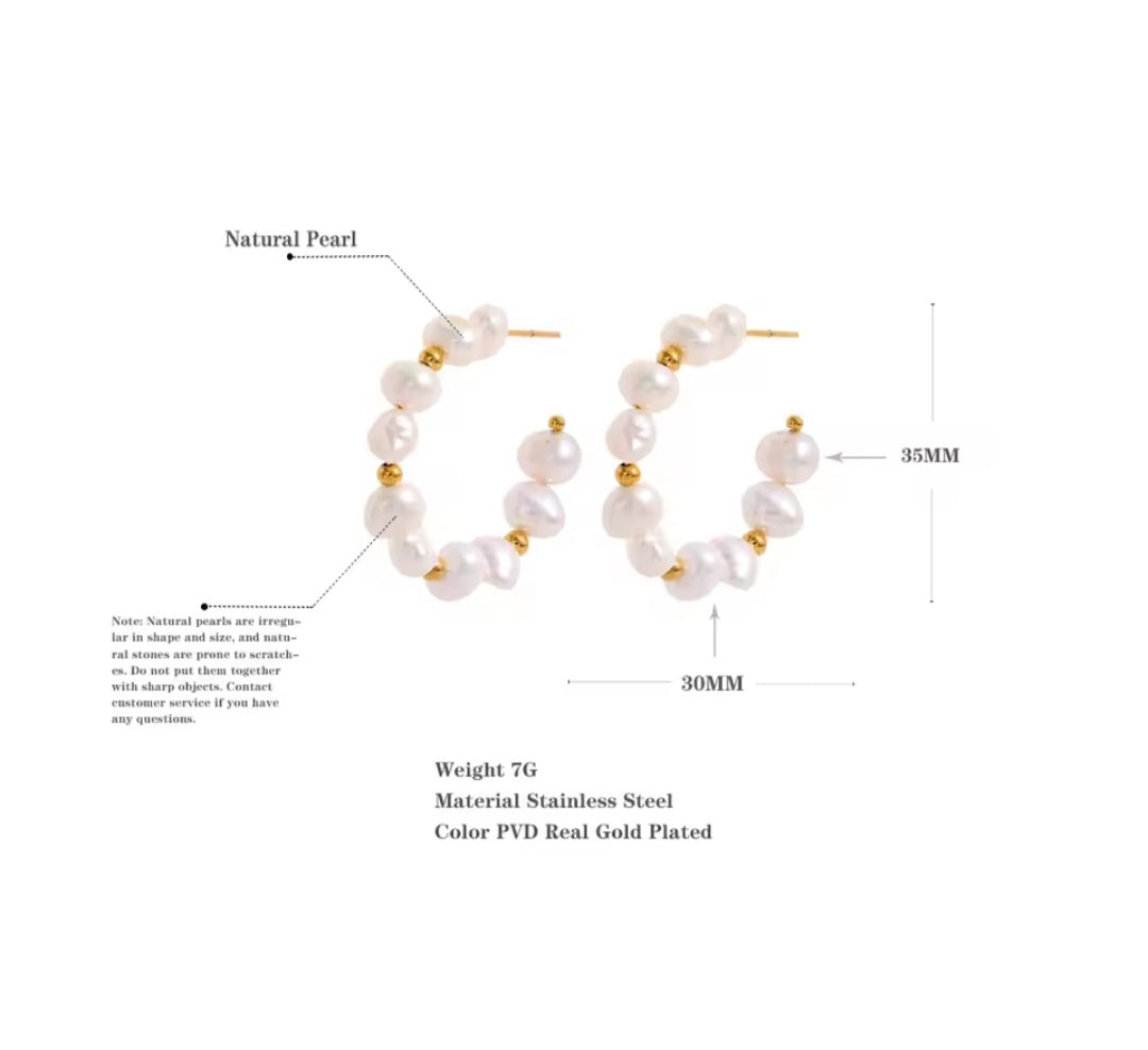 Pearl hoop earrings with gold accents and product details on a white background
