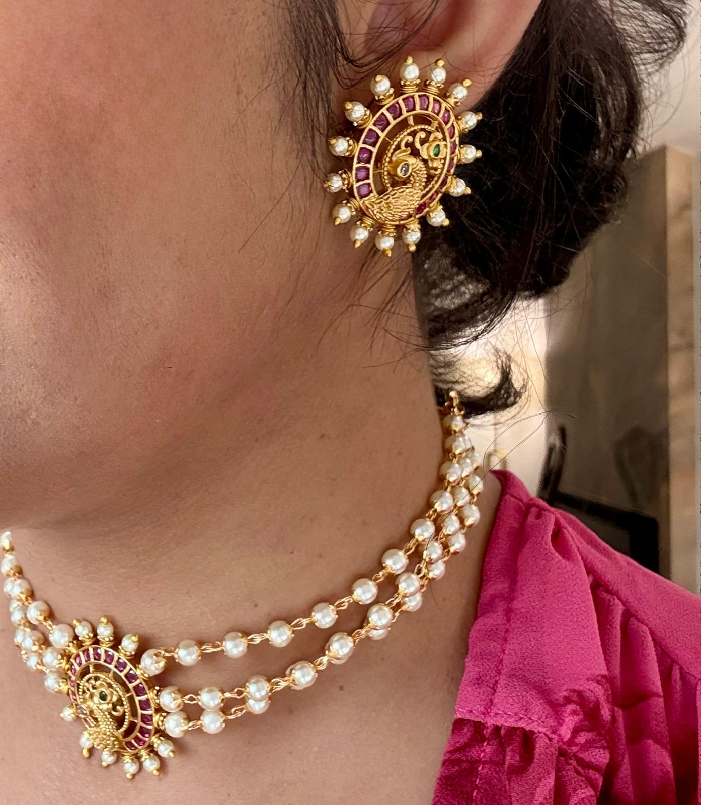 Gold look alike Pearl High Neck Choker- Peacock Ruby