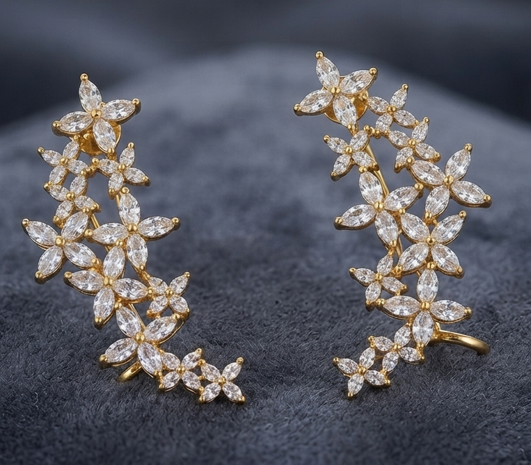 Premium finish whitestone floral pushback earcuffs