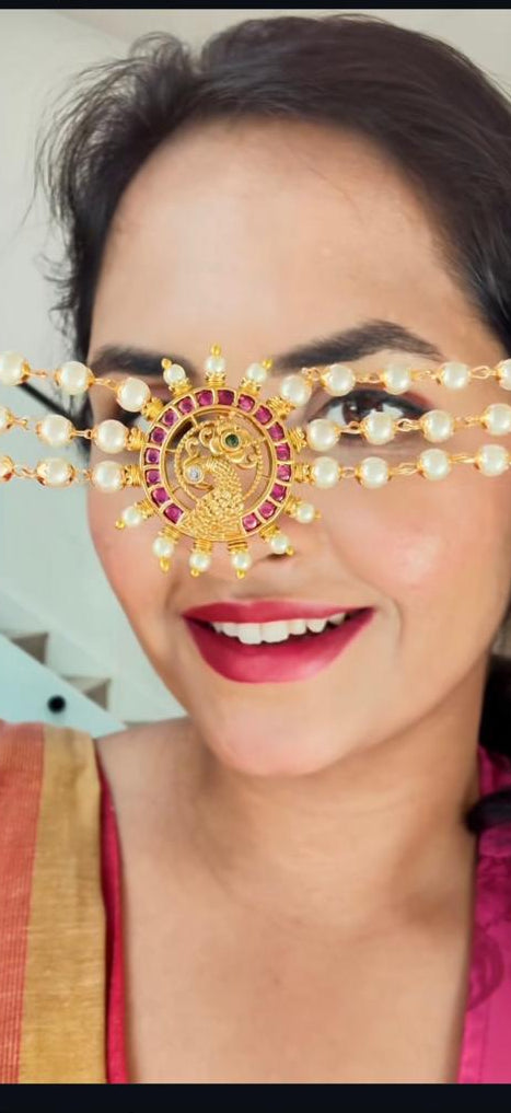 Gold look alike Pearl High Neck Choker- Peacock Ruby