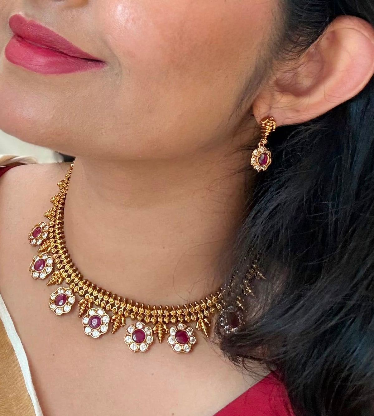 Traditional Ruby Floral Necklace set