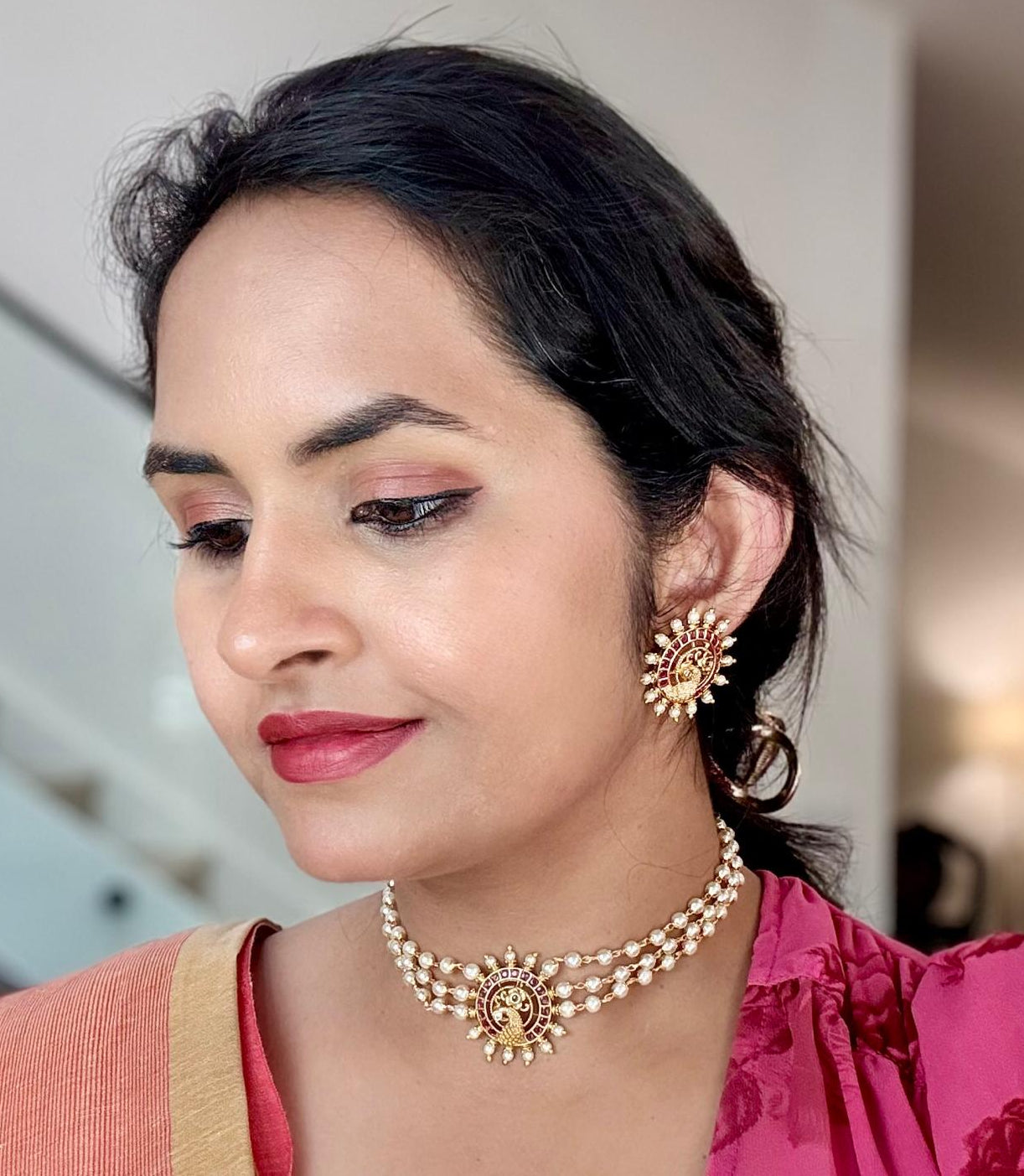 Gold look alike Pearl High Neck Choker- Peacock Ruby