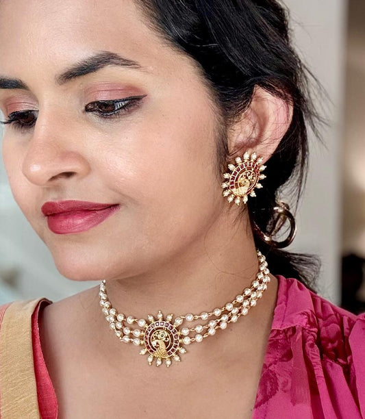 Gold look alike Pearl High Neck Choker- Peacock Ruby