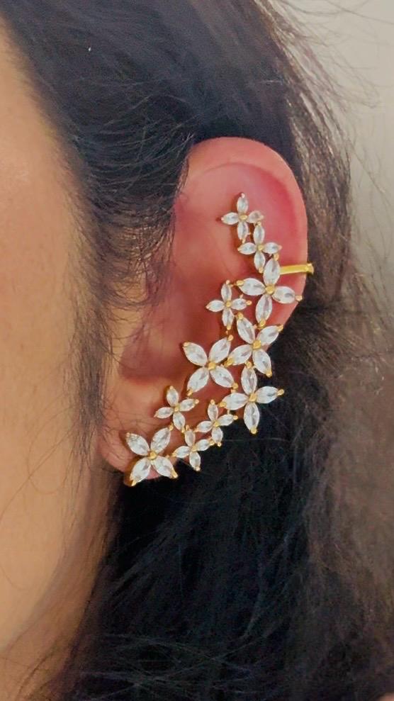 Premium finish whitestone floral pushback earcuffs
