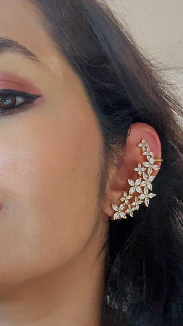 Premium finish whitestone floral pushback earcuffs
