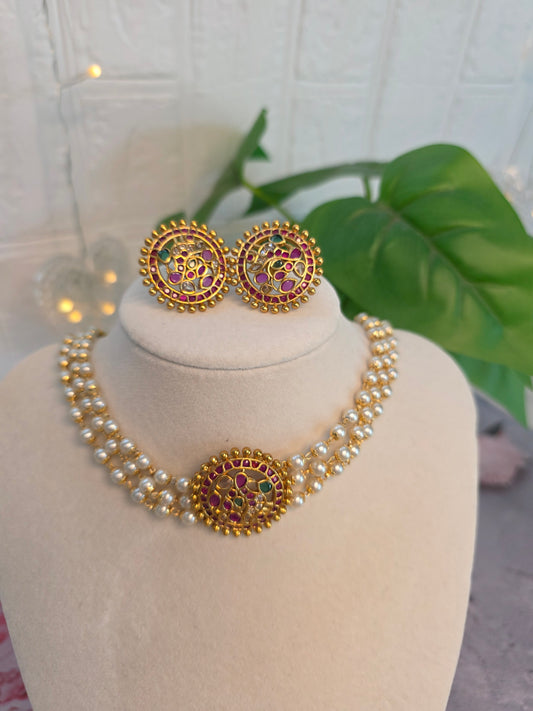 Gold look alike Pearl High Neck Choker- Peacock kemp