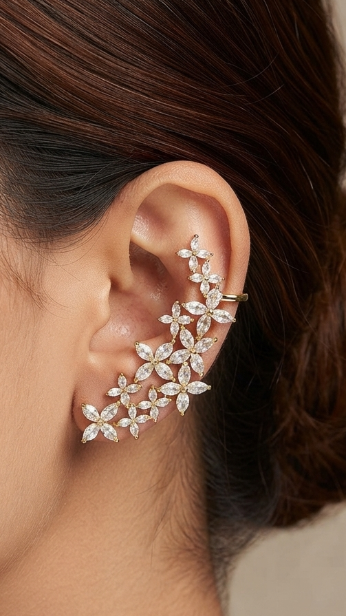 Premium finish whitestone floral pushback earcuffs